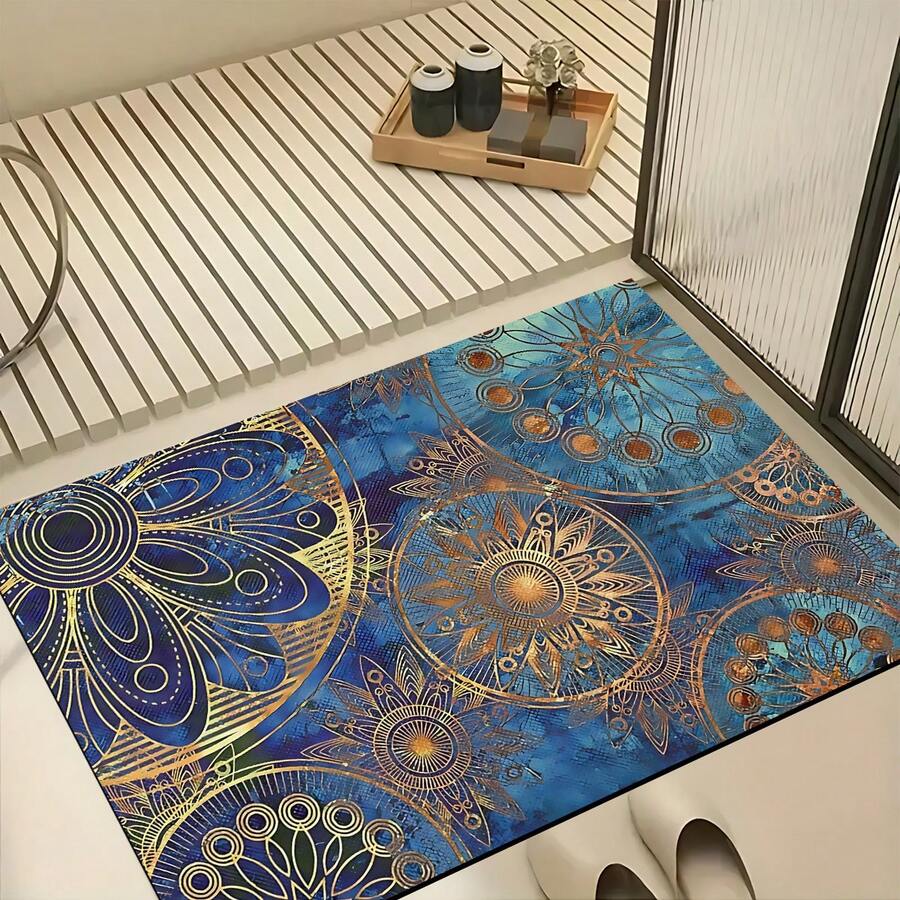1件波希米亞圖案印花矽膠地毯,易於清潔,3D印花長方形,適用於玄關、客廳、廚房、臥室、走廊、浴室、洗衣房 - 聚酯纖維地毯,適用於室內外家居裝飾 - 彩色 - 查看 1