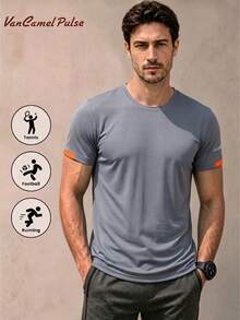 Vancamel Pulse Áo thun nam ngắn tay dáng rộng thoáng khí nhẹ màu trơn, thể thao ngoài trời đi làm ngắn tay, thời trang đa năng thường ngày ngắn tay - Xám - Xem 1