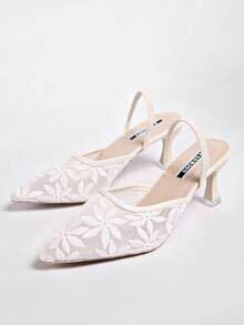 New Chinese Style White High Heel Women's Half-Slingback Stiletto Pointed Toe Lace Embroidered 2-Way Wear Sandals - White - View 2