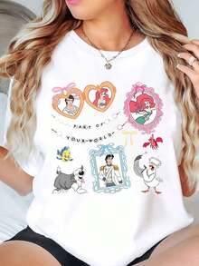 Ariel And Prince Eric Heart Frame With Flounder Sebastian Scuttle And King Triton Print Disney Women T Shirt Round Neck Short Sleeve Casual Daily Wear Valentine's Day Soft Comfortable 220g - trắng - Xem 1