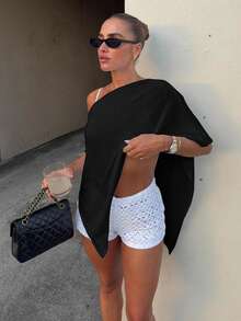 Women's Fashionable Solid Color Knit Shawl Cover Up Vacation - Black - View 3
