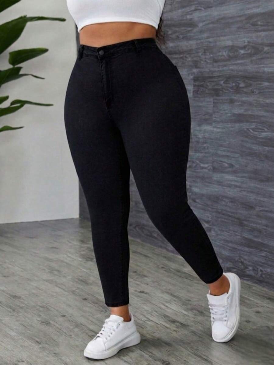 Calça Jeans Feminina Cintura Alta Com Lycra Skinny Modela o Corpo Levanta Bumbum Plus size Tam 36 ao 54 - Preto - Visão 1