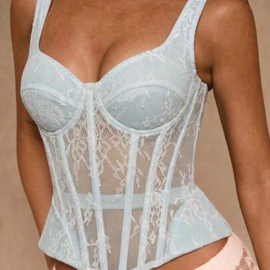 Glamour Camiseta de encaje de unicolor elegante para mujer para el verano, corsé con soporte bajo el busto, corsé con huesos para mujer, corsé con cordones, top de corsé de mujer, top de corsé de encaje, top de corsé negro - Azul y blanco - Ver 1