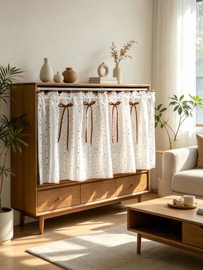 1PC Japanese Style Classic Simple Embroidery Brown Bow Border Strip Short Design Vintage Farmhouse Sheer Tulle Curtain Top Rod Pocket High-Quality Small Window Curtains Suitable For Living Room Bedroom Window Foyer Drapes