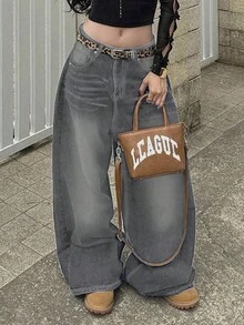Retro High Street Washed Gray Denim Jeans, Women's Fashion Design Straight Loose Casual Wide Leg Pants, New Autumn Collection - Grey - View 3