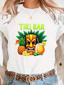 Short-Sleeved T-Shirt With Round Neck And Tropical Tiki Bar Print, Casual Spring/Summer Clothing, Women's Design - Unisex Loose Cotton Short-Sleeved T-Shirt With Round Neck Urban Vintage Style. - 白色 - 查看 1