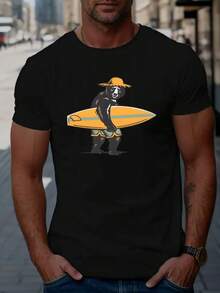 Men's T-Shirt With A Bear And Surfboard Print, Fun And Summery Design, Casual Short Sleeves Ideal For Summer, 100% Pure Cotton, Crew Neck, Relaxed And Versatile Style, Perfect For Everyday Wear, Beach Days And Outdoor Activities In Spring, Summer And Autumn, Regular Fit Suitable For Most Mexican Adults, Cool And Breathable Fabric, Machine Washable, Original Gift For Surf And Bear Lovers - 黑色 - 查看 1
