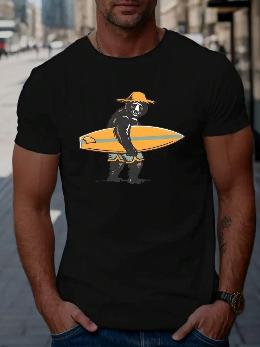 Men's T-Shirt With A Bear And Surfboard Print, Fun And Summery Design, Casual Short Sleeves Ideal For Summer, 100% Pure Cotton, Crew Neck, Relaxed And Versatile Style, Perfect For Everyday Wear, Beach Days And Outdoor Activities In Spring, Summer And Autumn, Regular Fit Suitable For Most Mexican Adults, Cool And Breathable Fabric, Machine Washable, Original Gift For Surf And Bear Lovers - 黑色 - 查看 1