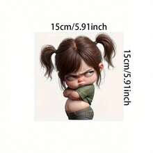 1pc Angry Girl Cartoon Character Sticker, With Braids Green Top And Jeans, Suitable For Car Motorcycle Wall Window Ceramic Wall Sticker, Funny Design Cute Room Decor - 1pc - View 5