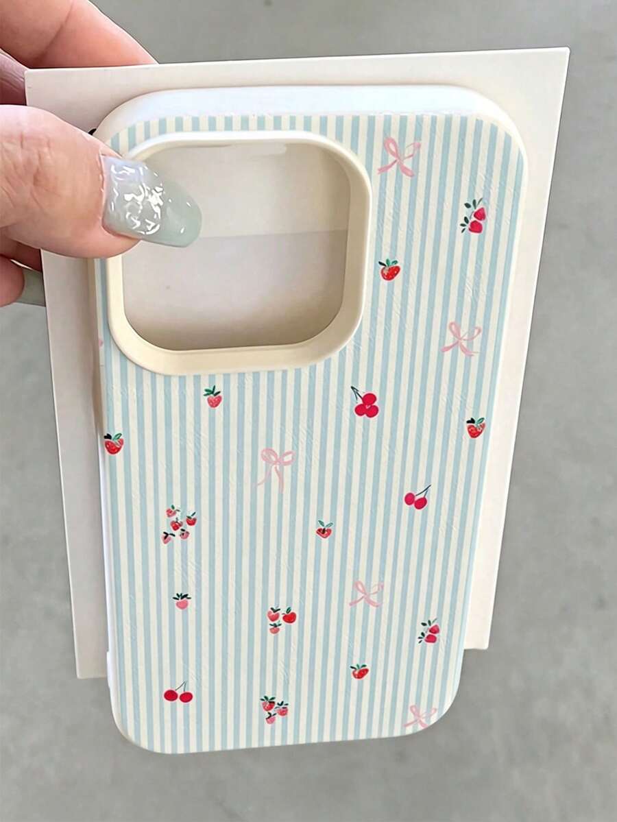 1 chiếc ốp lưng điện thoại TPU chống sốc, màu trắng và xanh nhạt sọc họa tiết quả anh đào và dâu tây, kiểu dáng tối giản, bao phủ toàn bộ màn hình, tương thích với Apple 17, 16, 15, 14, 13, 12, 11 Pro Max, Air - Nhiều màu - Xem 1