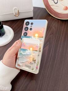 1pc White TPU Phone Case With Sunset Beach Wave Handpainted Pattern, 1pc White Adhesive Card Holder With Sunset Beach Wave Handpainted Pattern, 2-In-1 Set, Healing Fresh Gentle Style, Fashionable Versatile Creative Full-Covered Phone Case, Suitable As Gift For Girlfriend/Boyfriend, Best Friend/Sibling, Wife/Husband, Compatible With Samsung/ Phones, Galaxy S26/S25/S24 Ultra/S24/S23 Ultra/S23 Cases - Multicolor - View 4
