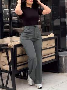 Jisfaneya Solid-Color Pocket Zipper Button Straight-Tail Suit Fabric Black Pants Elegant And Stylish Office Daily Versatile Suit Pants - Dark Grey - View 2