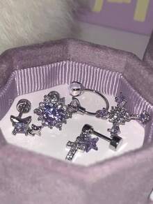 1 buah Anting Tusuk Setan Berkilau, Anting Tusuk Tulang Rawan Telinga Serbaguna Kelas Atas, Anting Tusuk Kepingan Salju, Perhiasan Telinga Biru Wanita, Anting Tusuk Kerang - Anting-anting ungu - View 5