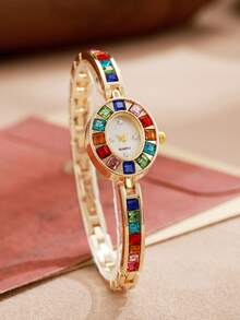 2pcs/Set Women's Luxury Colorful Crystal Quartz Bracelet Watch + Colorful Braided Bracelet, Watch Not Included - Gold - View 6