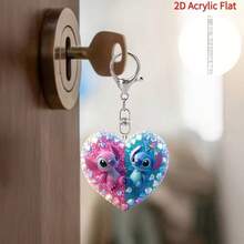 1pc Heart-Shaped Rhinestone Stitch & Angel 2D Acrylic Keychain, Lilo & Stitch Cartoon Couple Pendant Key Ring, Shiny Crystal Bag Charm, Valentine's Day Birthday Gift, Suitable For Teenage Girls, Women's Car Backpack Handbag Accessory, Cute Keychain, Women's Keychain, Key Chain, Keychain Pendant, Women's Car Accessory, Back To School - Multicolor - View 3
