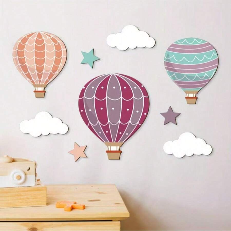 9pcs Nordic Style Macaron Color Hot Air Balloon Wooden Wall Decals, Cloud & Star Combination Baby Room Playful Wall Decoration Set - Multicolor - View 1