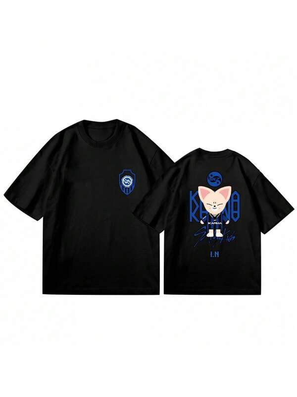 T-shirt officiel de la marchandise du concert Stray For KARMA 4TH Doll - T-shirt noir ample unisexe à imprimé logo K-Pop, K-Drama, K-Music recto-verso, avec logo KARMA SKZ et design emblématique de la poupée, pour une utilisation décontractée toute l'année pour les fans, hommes et femmes.