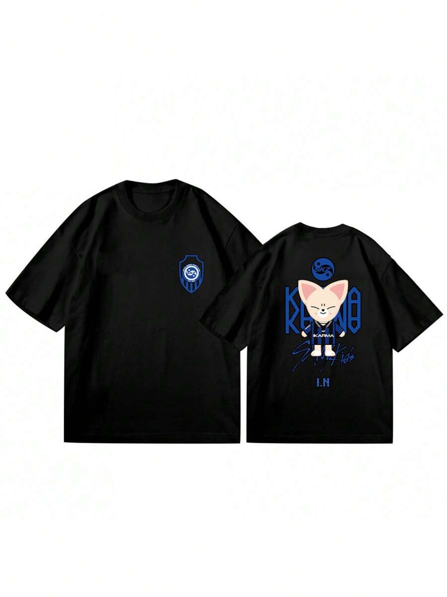 Stray For KARMA 4TH Doll Official Concert Merch T-Shirt - Double-Sided K-Pop K-Drama-Inspired K-Music Logo Print, Unisex Loose Fit Black T-Shirt With KARMA SKZ Logo & Iconic Doll Design For Men & Women, Year-Round Casual Wear For Fans. - Black-ferret - View 1