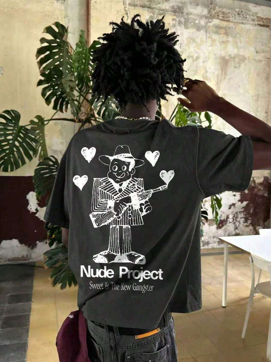 INFLATION Men's Short Sleeve T-Shirt With Cartoon Print, Casual And Versatile For Everyday Wear - 深灰色 - 查看 1