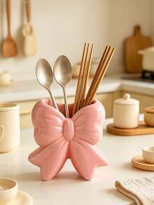 Pink Bow Resin Cutlery Storage Box, 3D Playful Bow Cooking Utensil Jar, Household Kitchen Countertop Storage Organizer - Multicolor - View 3