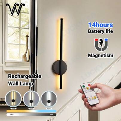 wamblz 1/2 stuks 50 cm oplaadbare LED-wandlamp van aluminium, Scandinavische magnetische draadloze dimbare wandlamp met timer en afstandsbediening, geschikt voor slaapkamer, woonkamer, hal, trappenhuis, prikbord, bank, tv-achtergrond zwart