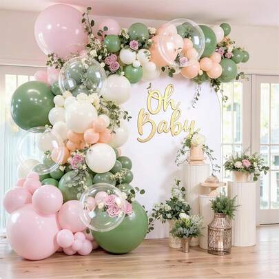 110pcs Pink And Green Balloons Arch Kit, Light Dusty Pastel Pink Sage Green Sand White Light Orange Balloons Garland Kit For Wedding Birthday Bridal Shower Bloom Woodland Boho Party Decorations
