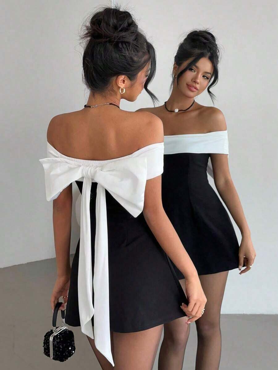 dfgAloruh Vestido de escote caído negro y blanco con moño, estilo Fairycore para el Día de San Valentínafd BPIX - Blanco y Negro - Ver 1