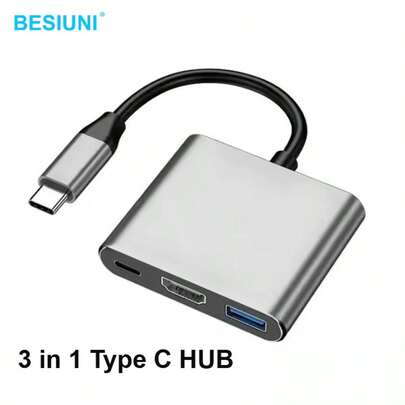 三合一 USB-C 集线器，支持 4K 高清、PD3.0 快充，适用于笔记本电脑、显示器，铝合金材质。