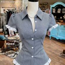 Yunuo Menswear  Blusa de manga corta con cuello de encaje a contraste, de estilo casual/laboral/fiesta/vacaciones, en cuadros azules, para mujer. Camisa a cuadros con volantes, ropa retro para mujer, camisa casual de negocios. Camisa de botones a rayas blanca y negra, camisa de trabajo para mujer. Blusas y tops para mujer, ropa de trabajo. Camisa de manga abullonada, blusa de trabajo. Blusa de vestir formal, camisas de verano elegantes y clásicas con rayas para mujer. - Rosa - Ver 4