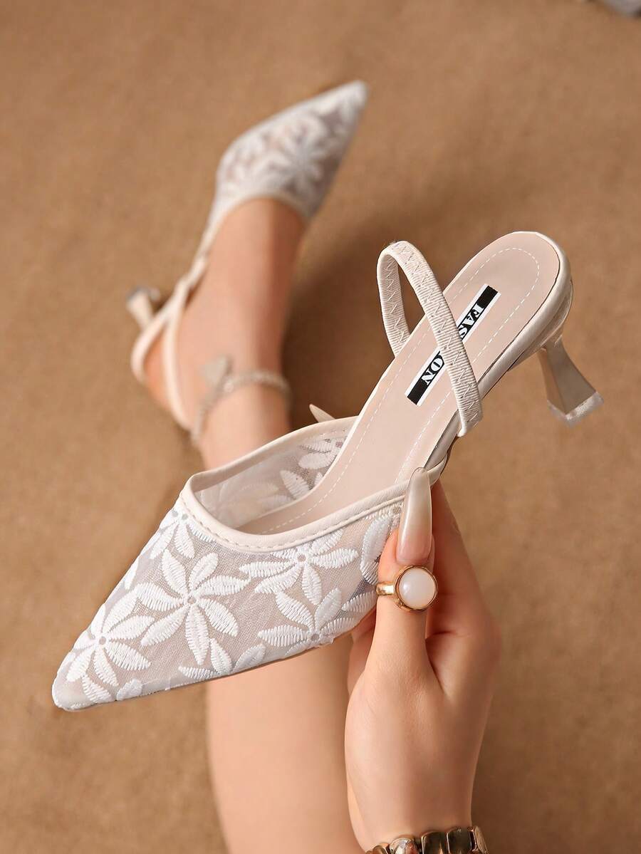 New Chinese Style White High Heel Women's Half-Slingback Stiletto Pointed Toe Lace Embroidered 2-Way Wear Sandals - White - View 1