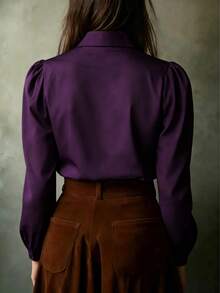 Kemeja Lengan Panjang Wanita Warna Polos Elegan, Blus Kasual Serbaguna untuk Semua Musim - Purple - View 2