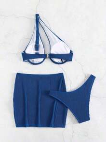 Swim Conjunto de bikini acanalado Sujetador con aros recortado y parte inferior de corte alto y falda de playa Traje de baño de 3 piezas - Caqui - Ver 9