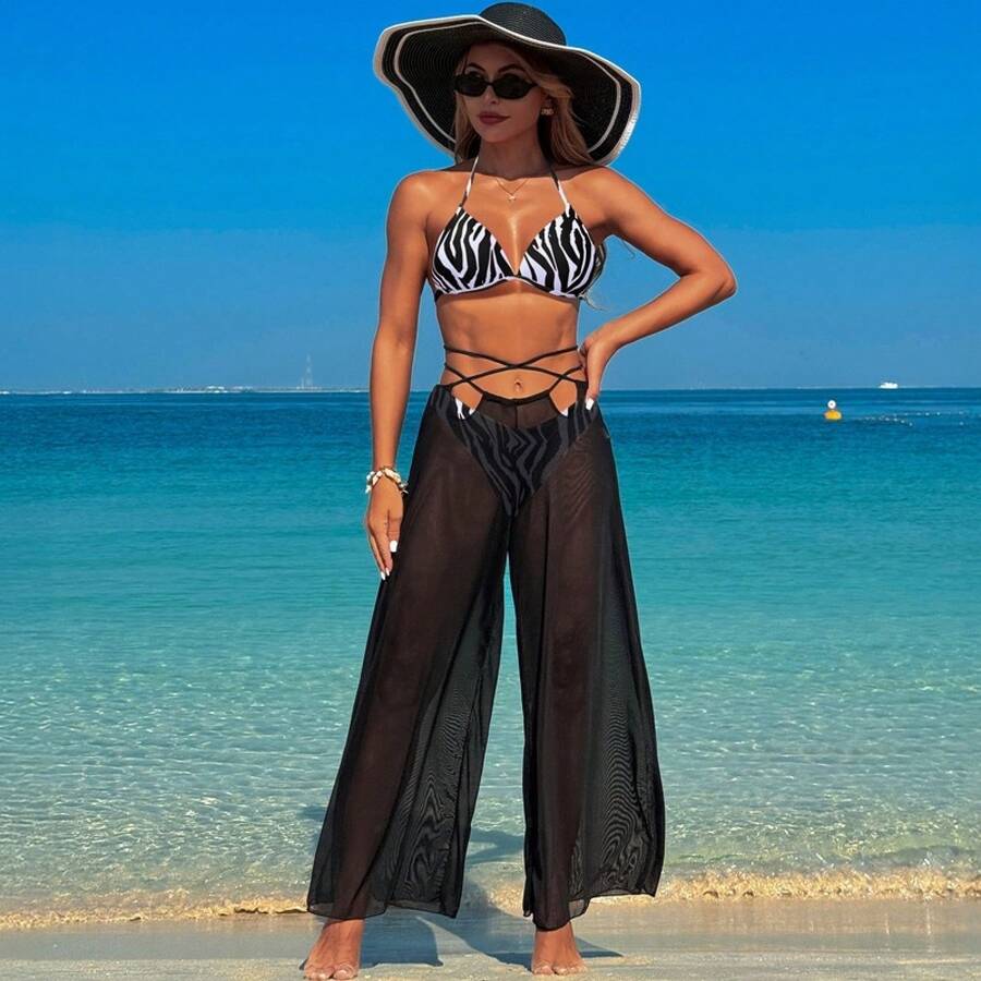 New 2026 Swimsuits For Adult Women, Three-Piece Hot Spring Bathing Suit, Bikini Bathing Suit. - 黑條+黑套裝 - 查看 1