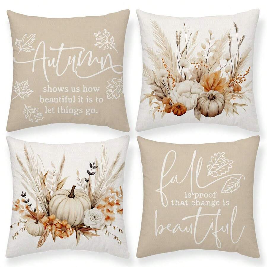 4pcs Autumn Pumpkin Pillow Cover Autumn Bohemian Thanksgiving Harvest Country Style Pillow Cover Thanksgiving Farmhouse Decor Sofa Single Side Without Pillow Core - Burnt Orange - View 1