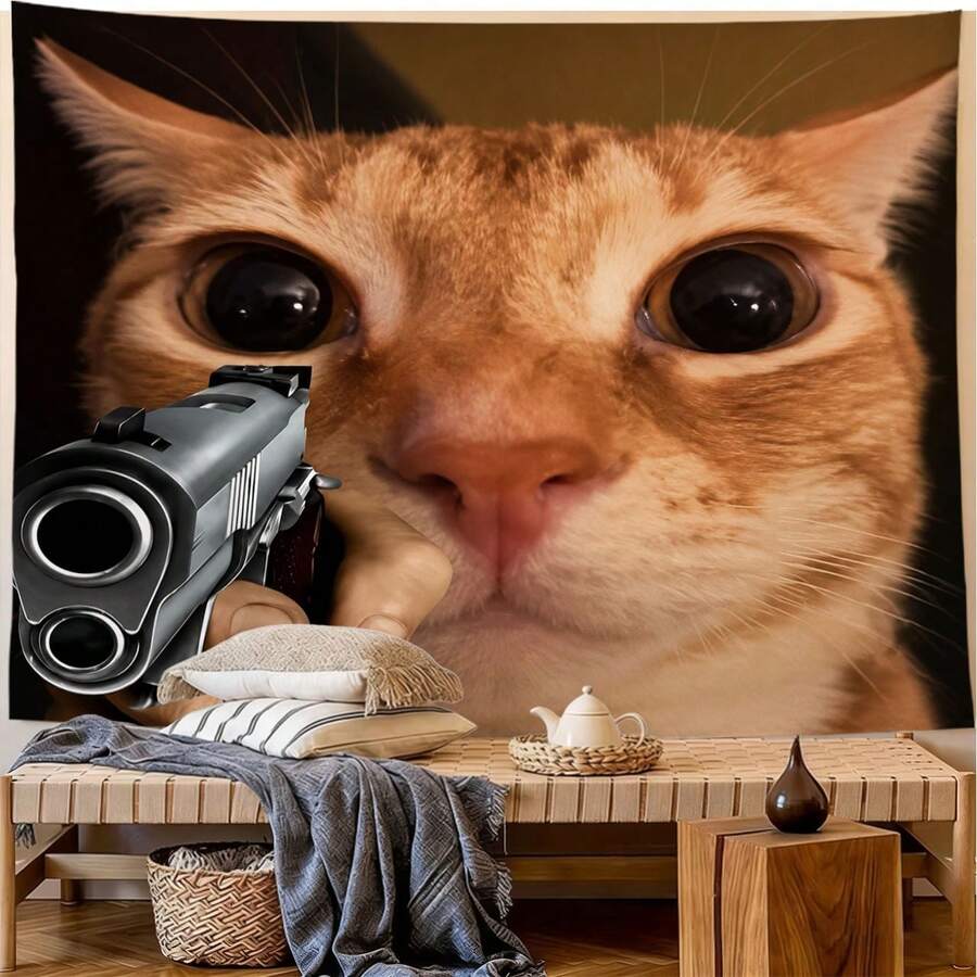 Bendera Gantung Dekoratif Kucing yang Unik - Dekorasi Dalam/Luar Ruangan dari Poliester dengan Desain Kucing Oranye dan Revolver yang Lucu, Cocok untuk Ruangan, Halaman Rumput dan Taman, Dekorasi Kucing - 1PC - View 1