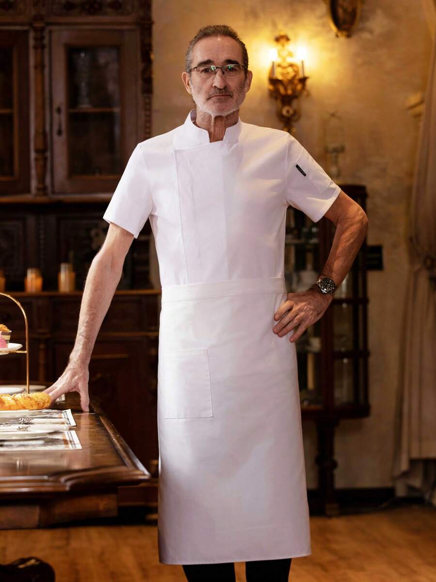 Premium Men's Chef Short Sleeve Work Uniform - Polyester, Machine Washable Fabric, Solid Color Stand Collar Design, Suitable For Kitchen, Bakery, Restaurant, School Cafeteria Chef Accessories - White - View 1