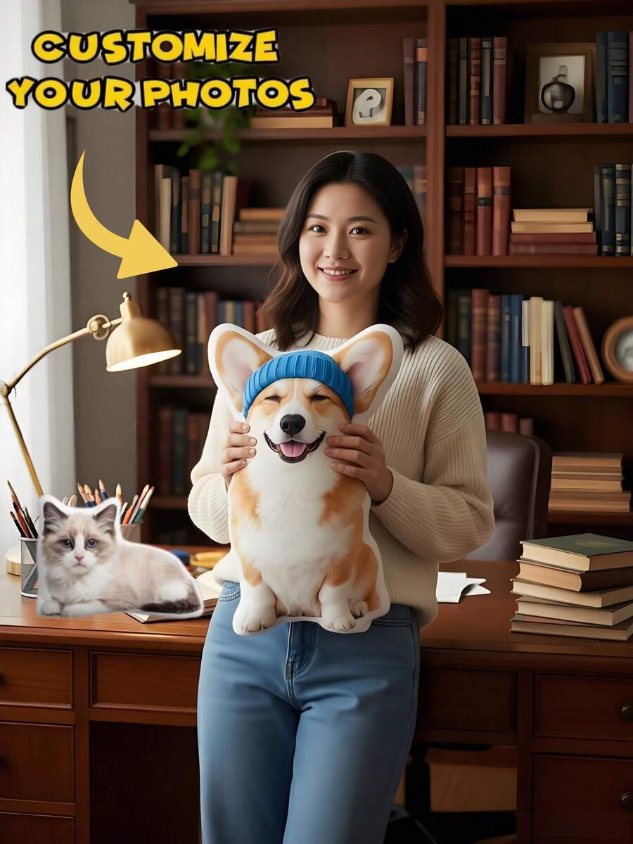 1pc Personalized Fun Custom Throw Pillow, Cushion And Cat/Dog Shaped Plush Doll, Soft Touch Printed Fabric, Playful Style, Breathable And Comfortable, Ideal Gift For Birthday, Anniversary, Mother's Day, Valentine's Day And Various Holidays For Lovers, Friends And Family, Casual And Fashionable Design