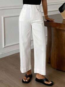 Pantalones holgados con vuelo y bolsillos para mujer, pantalones casuales de unicolor estilo callejero para otoño - Beis - Ver 10