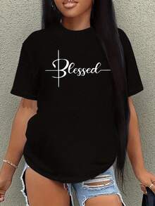 Talla Grande - Talla Grande - Camiseta de Cuello Redondo con Mangas Cortas y Estampado de Letras Grande - Negro - Ver 1