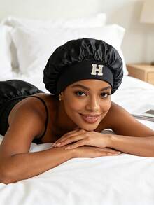 1 pieza Gorro de dormir de satén de seda sintética para mujer, gorro de dormir de tamaño grande con 26 letras para cabello rizado trenzado, adecuado para dormir y uso de belleza diario - Negro - Ver 4