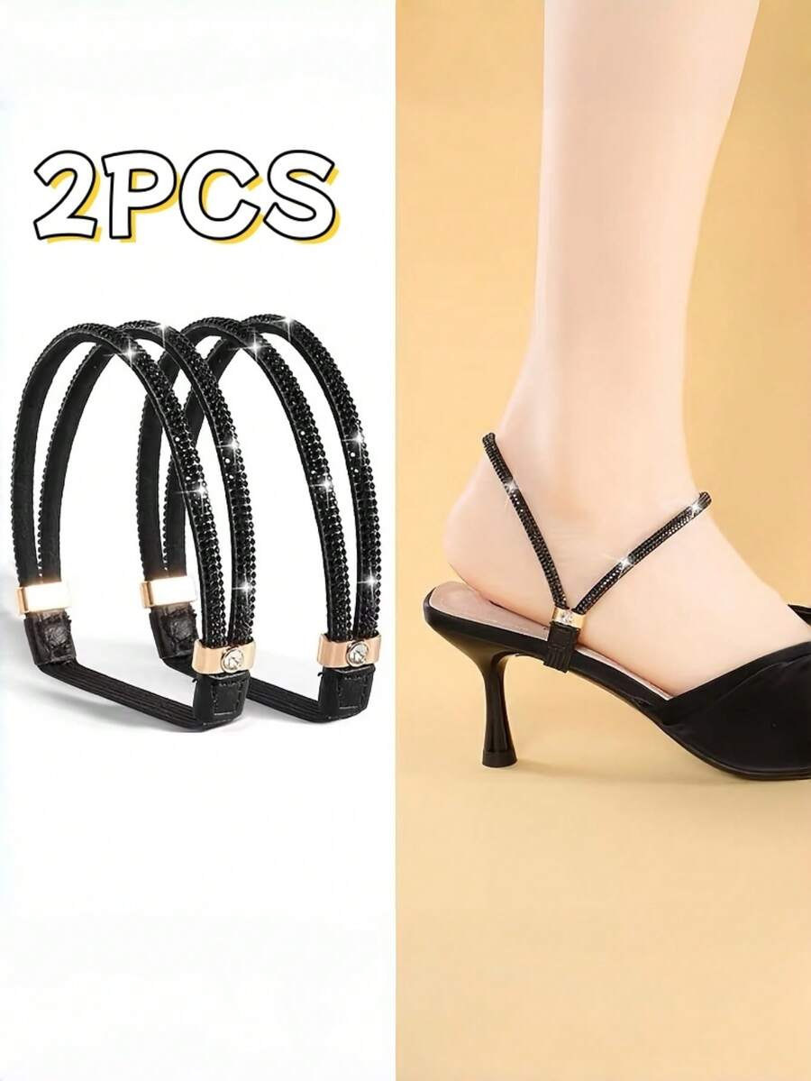 QKC 2pcs Elegant Rhinestone No-Tie High Heel Shoe Laces - Multicolor, Non-Slip Elastic Ties