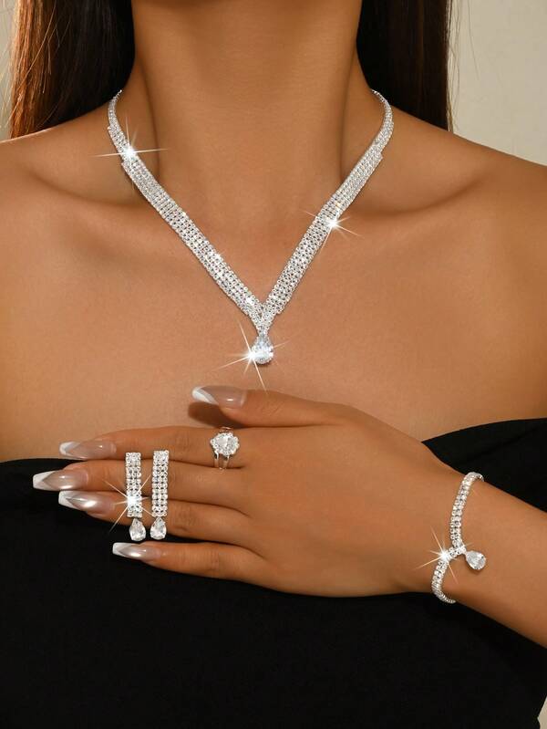 1 Set Elegant Bridal Jewelry, Teardrop Crystal Necklace, Dangle Earrings, Adjustable Bracelet, Ring, Bridal & Bridesmaid Full Jewelry Set, Suitable For Wedding, Engagement, Party
