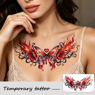 1 pieza Tatuaje temporal grande y resistente al agua de mariposa ardiente para mujeres - Pegatina de arte corporal realista y duradera, diseño de flor de fuego audaz para fiestas, festivales y raves
