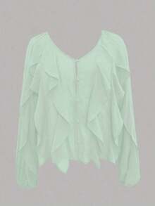 Blusa casual de gasa con cuello en V elegante, manga larga, con volantes y botones asimétricos, para el verano - Verde - Ver 8