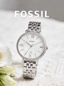 Fossil Women's Polished Silver Round Crystal Halo Watch Multi‑Row Stainless Steel Bracelet White Textured Roman Numeral Dial Date Feature Elegant Minimalist Wristwatch for Daily Office Wear Bridal Occasion City Weekend Outing Ideal Gift for Her on Birthday Valentines Day Bri Shower Holiday - 銀色 - 查看 1