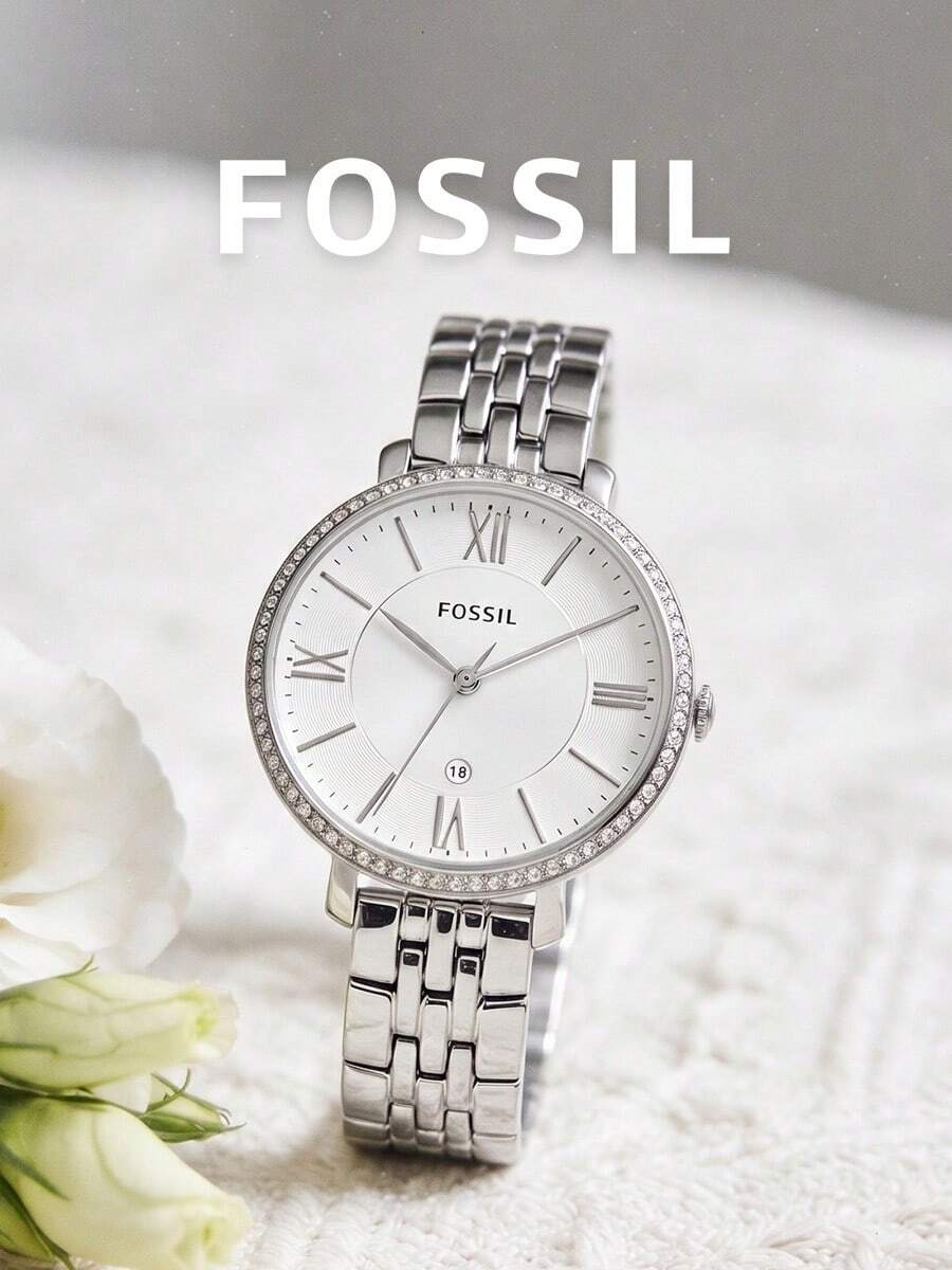 Fossil Women's Polished Silver Round Crystal Halo Watch Multi‑Row Stainless Steel Bracelet White Textured Roman Numeral Dial Date Feature Elegant Minimalist Wristwatch for Daily Office Wear Bridal Occasion City Weekend Outing Ideal Gift for Her on Birthday Valentines Day Bri Shower Holiday - 銀色 - 查看 1