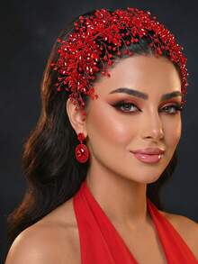 1pc Fashion Wedding Bride Rhinestone Headband Red Elegant Ladies Party Banquet Ball Headdress - Red - View 5