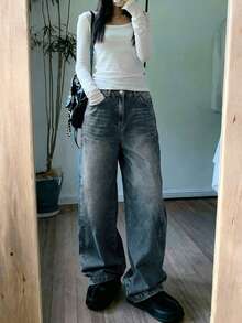 Jeans de pierna ancha de cintura alta, ajuste holgado, lavado desteñido azul oscuro, moda casual para vacaciones - Azul - Ver 4