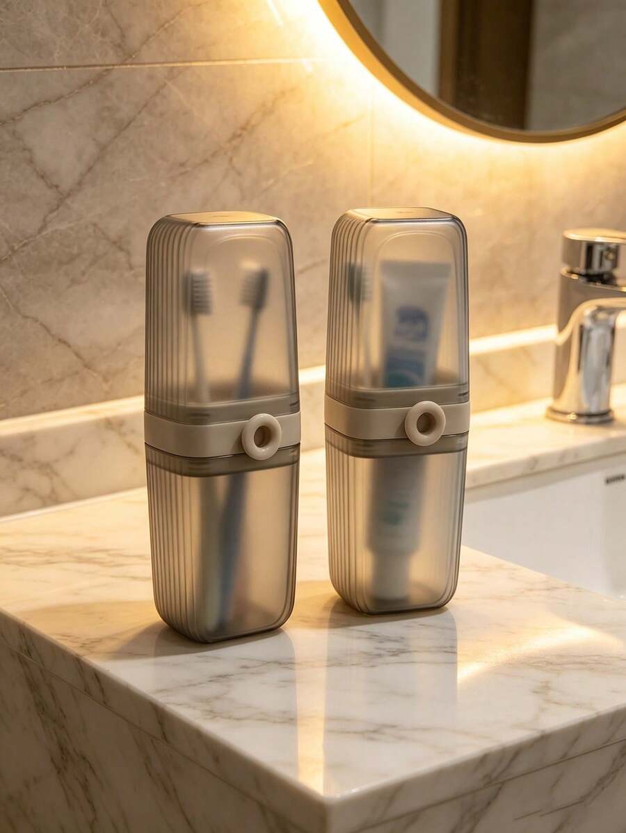 1pc/2pcs Toothbrush Holder Cup, Luxury Travel Storage Box, Portable Storage, Toothbrush Cup & Rinse Cup, Suitable For Bathroom, Home, Business Trip, Travel, Dorm, Camping