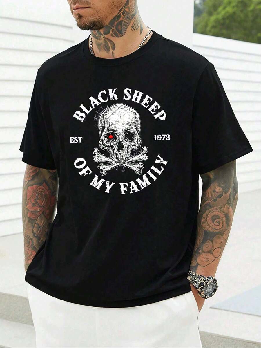 Camiseta de hombre con estampado de calavera, algodón suave, corte cómodo, estilo casual, estampado llamativo, nueva llegada - Negro - Ver 1